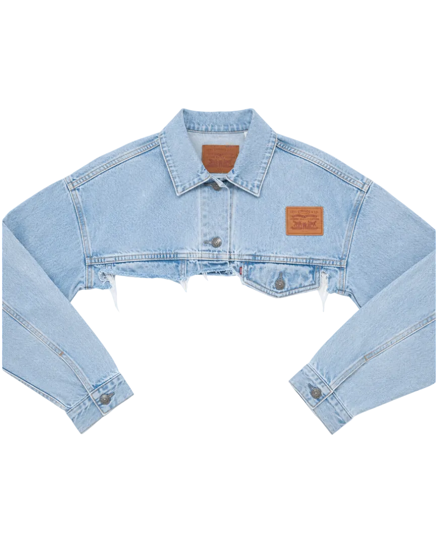 Le Pétite Jean denim jacket with classic blue wash and button-up front, displayed on a hanger.